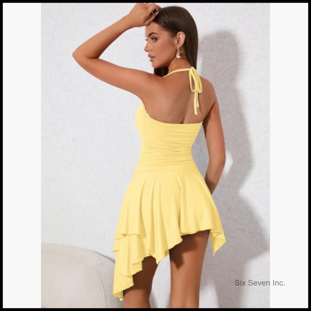 Polyester Elastane Ruched Backless Halter Mini Dr… - image 3